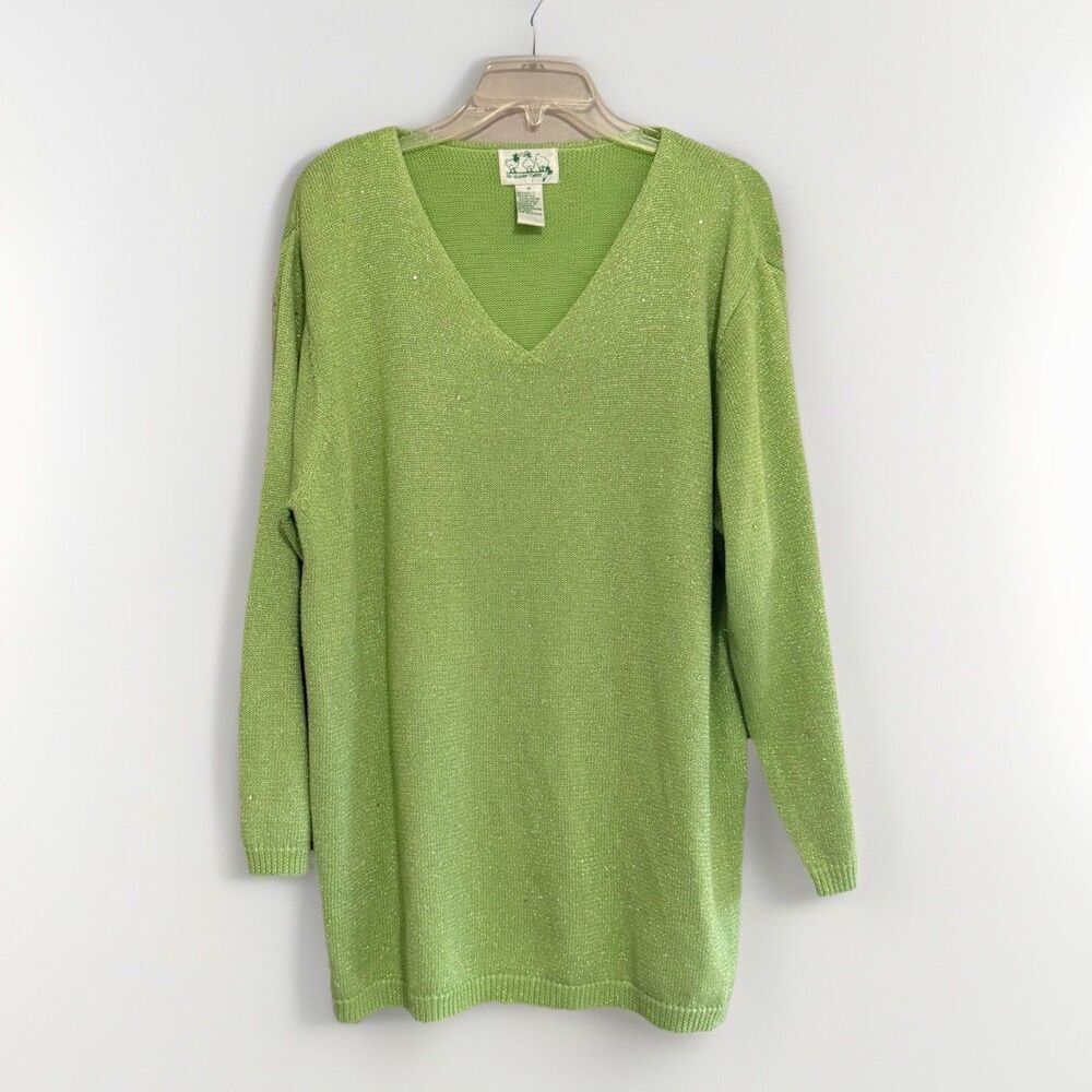 Vintage Quacker Factory V Neck Sweater Tunic Metallic Rhinestone Lime Green 1X‎